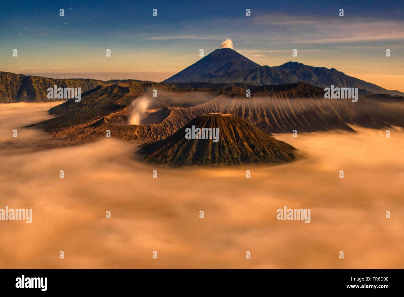 view of volcanoes Bromo, Batok and Semeru, Indonesia, Java, Bromo Tengger Semeru National Park Stock Photo