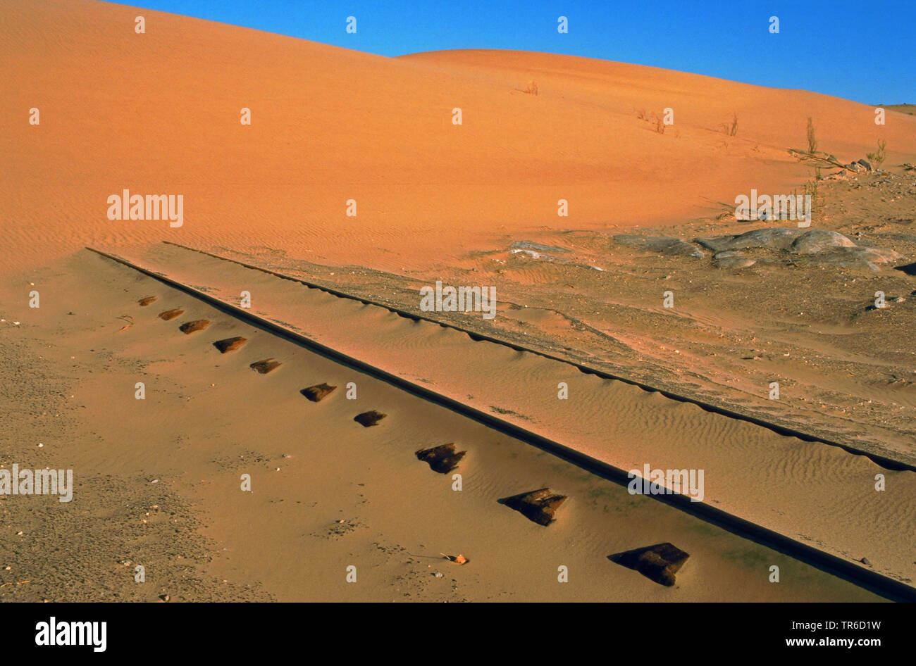 railtracks ended in shifting dune, Namibia Stock Photo