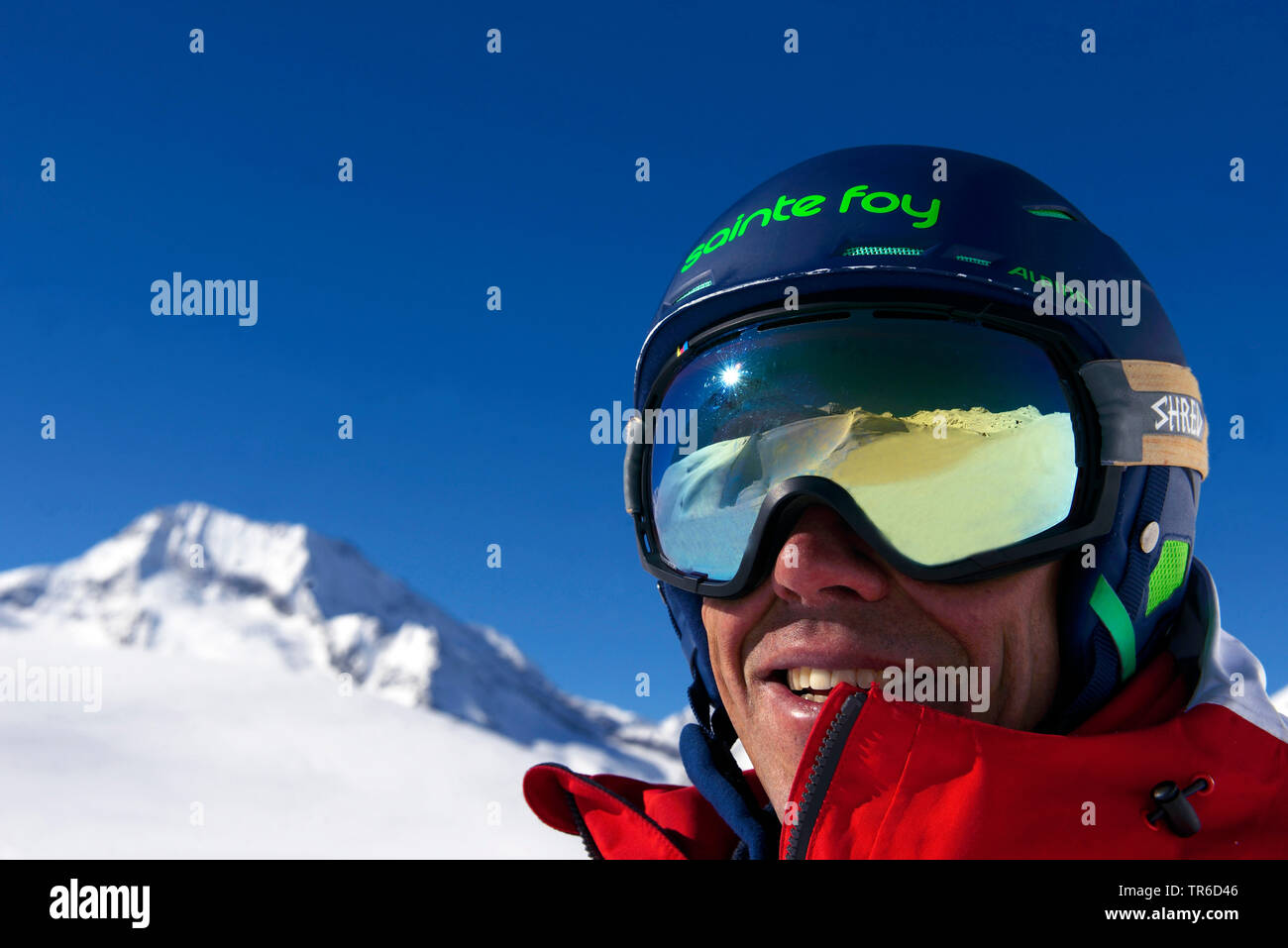 snowy mountain scenery mirroring in the googles of a skier, France, Savoie, Sainte Foy Tarentaise Stock Photo