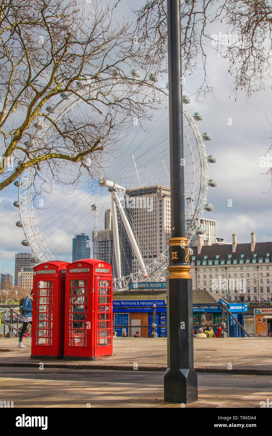 London Eye and red telephone boxes, United Kingdom, England, London Stock Photo