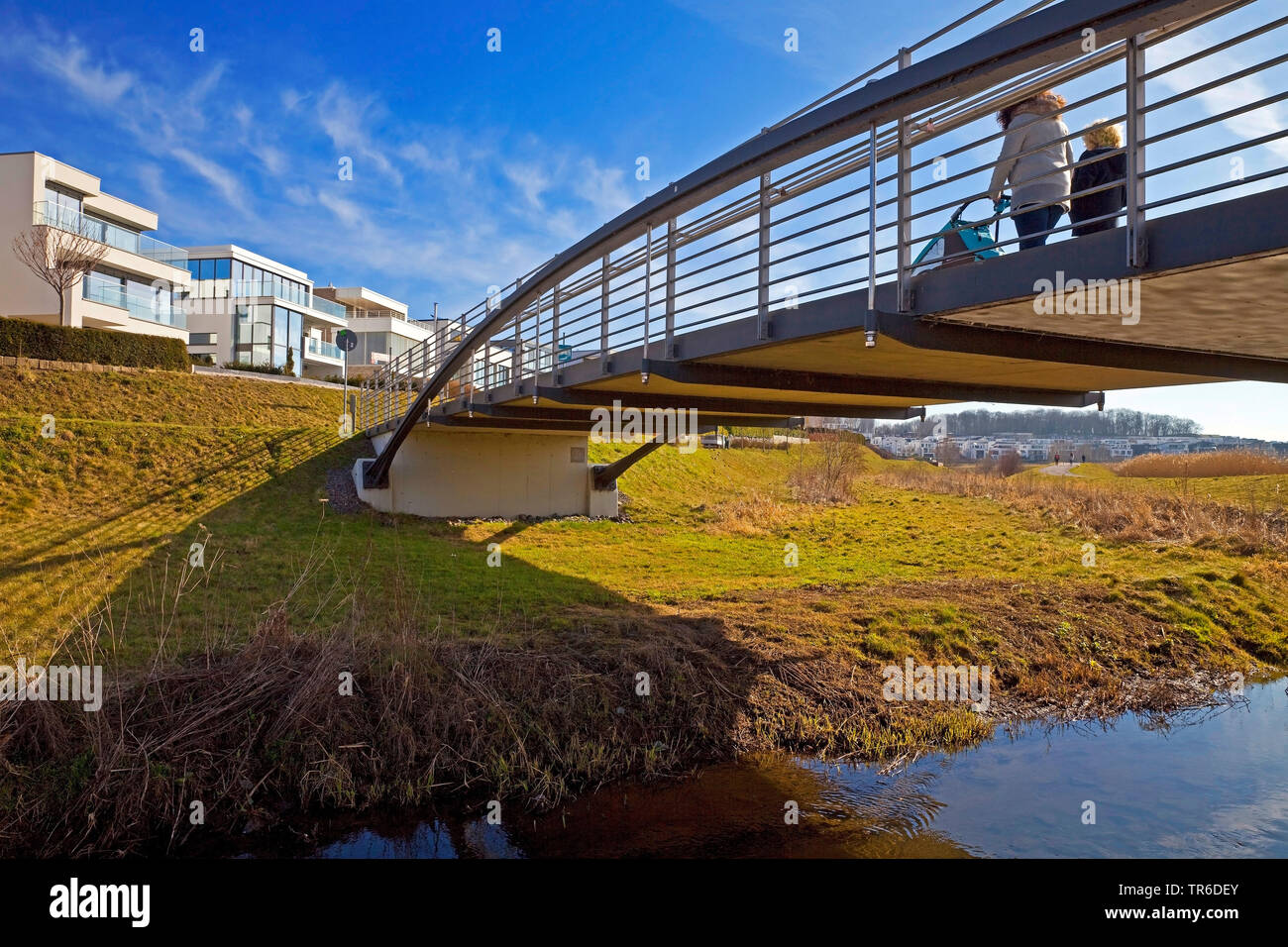 pedestrian bridge over river Emscher at lake Phoenix, Germany, North Rhine-Westphalia, Ruhr Area, Dortmund Stock Photo