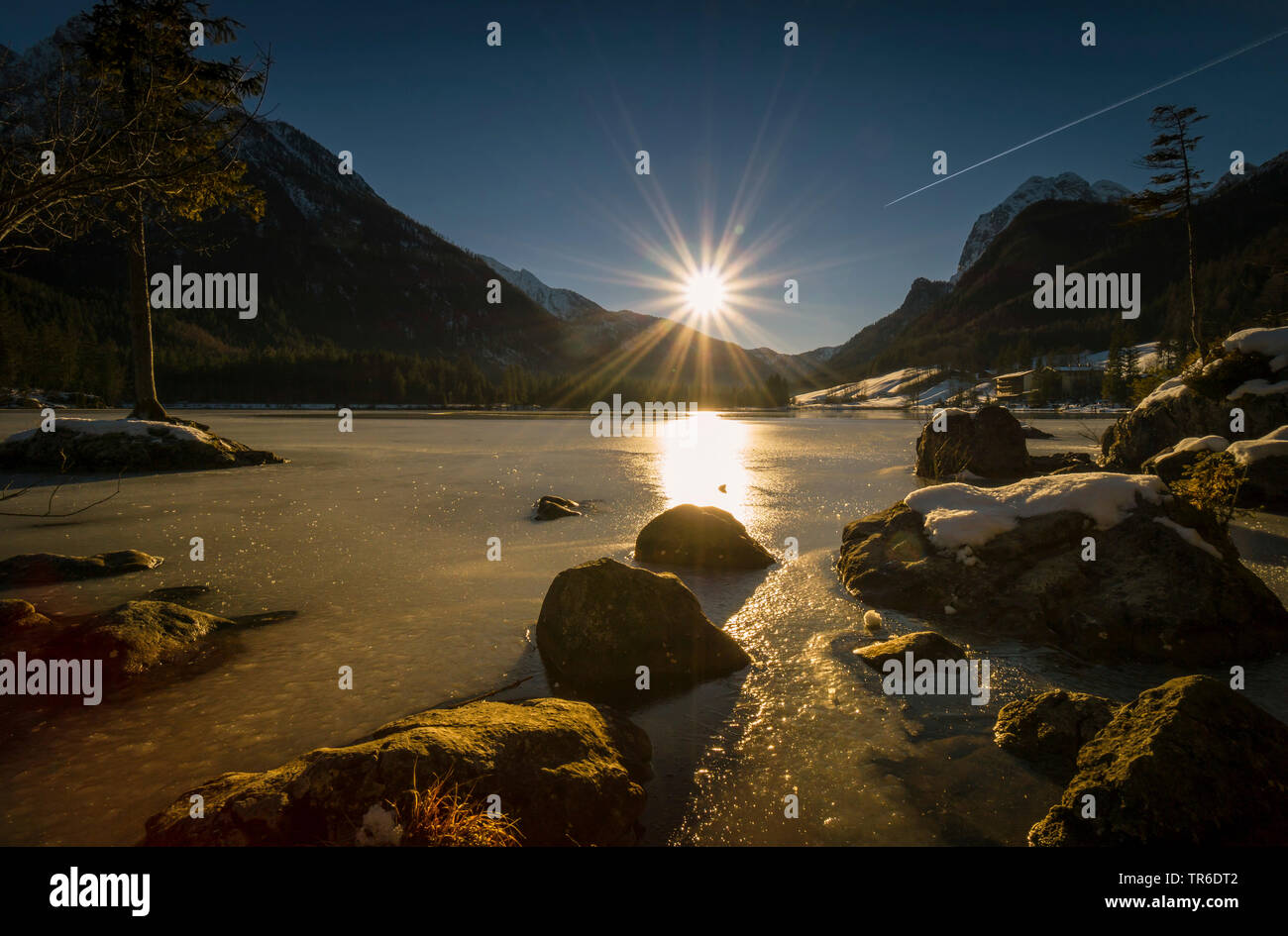 frozen lake Hintersee at sunset, Germany, Bavaria, Berchtesgadener Land, Hintersee Stock Photo