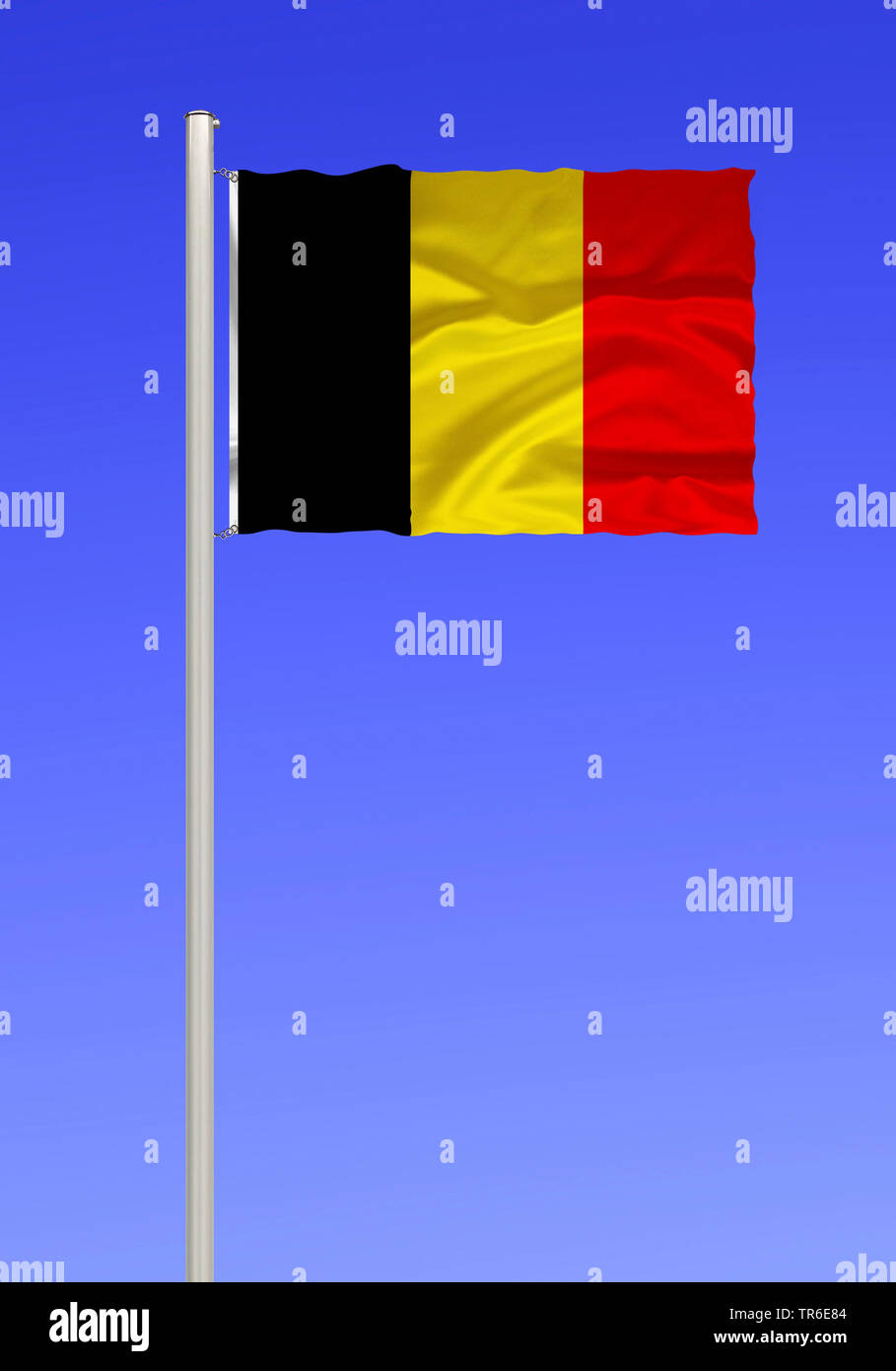 flag of Belgium against blue sky, Belgium Stock Photo