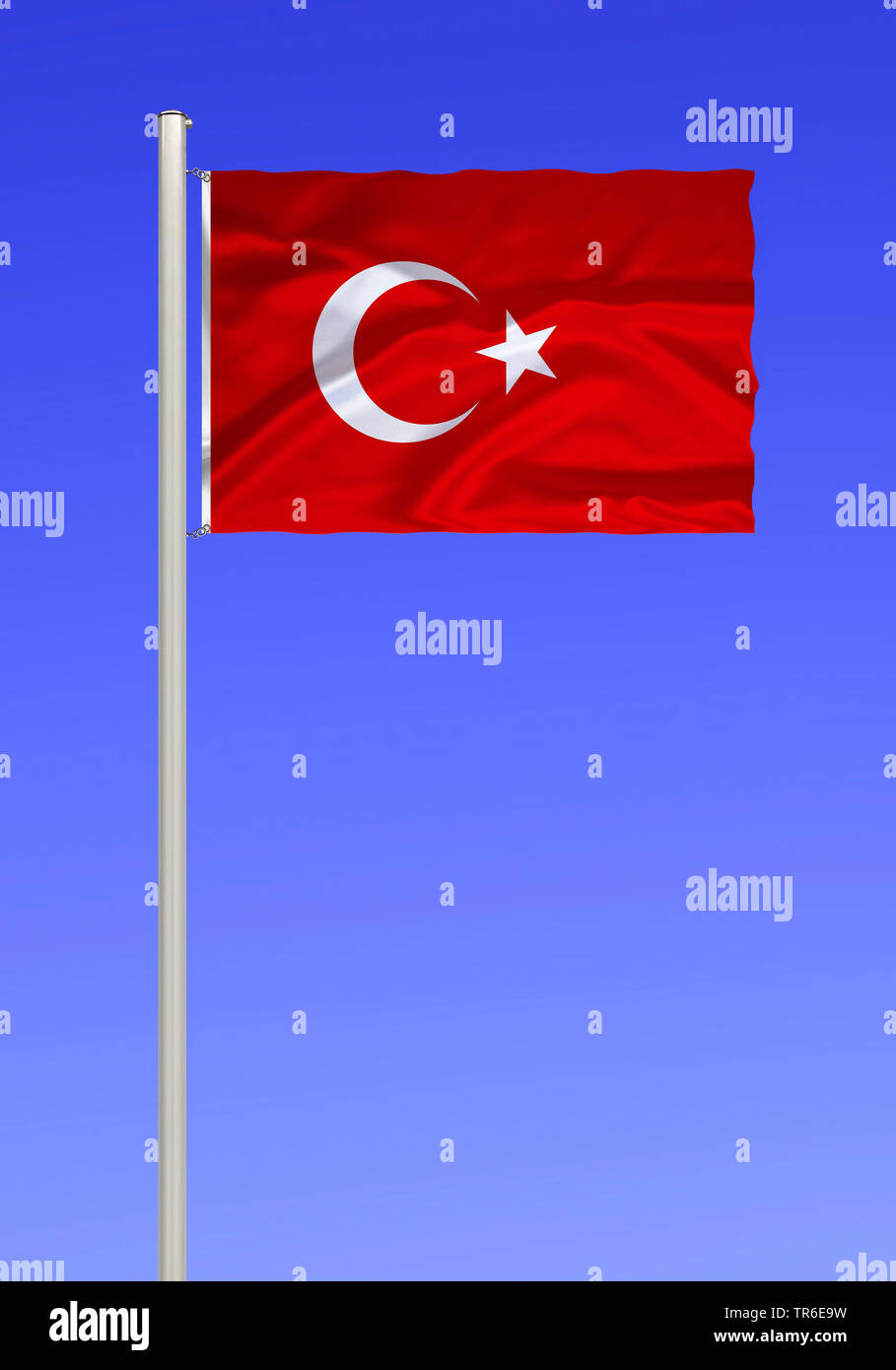 flag of Turkey against blue sky, Turkey Stock Photo