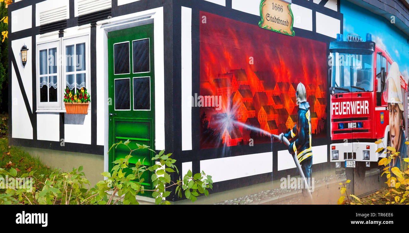 half-timbered house with painting of the city fire, Germany, North Rhine-Westphalia, Siegerland, Freudenberg Stock Photo