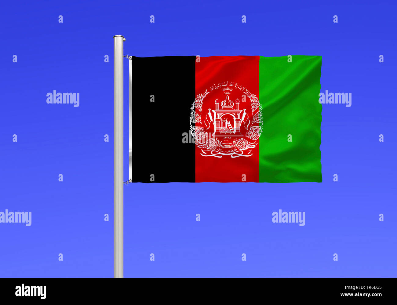 flag of Afghanistan against blue sky, Afghanistan Stock Photo