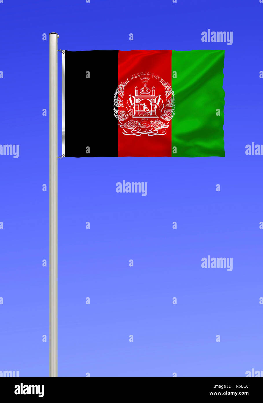 flag of Afghanistan against blue sky, Afghanistan Stock Photo