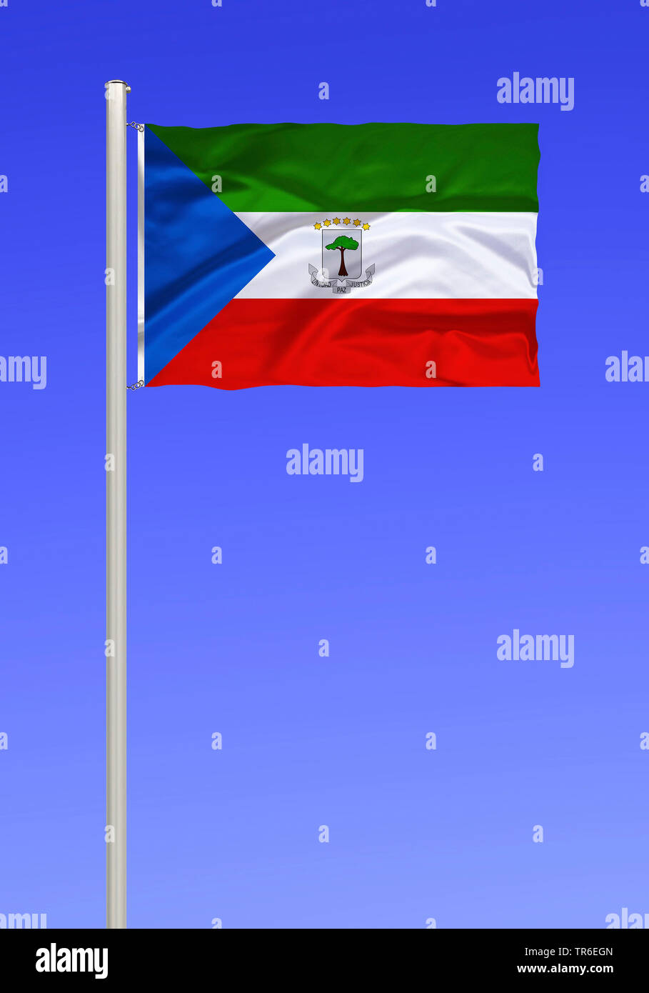 flag of Equatorial Guinea against blue sky, Aequatorialguinea Stock Photo