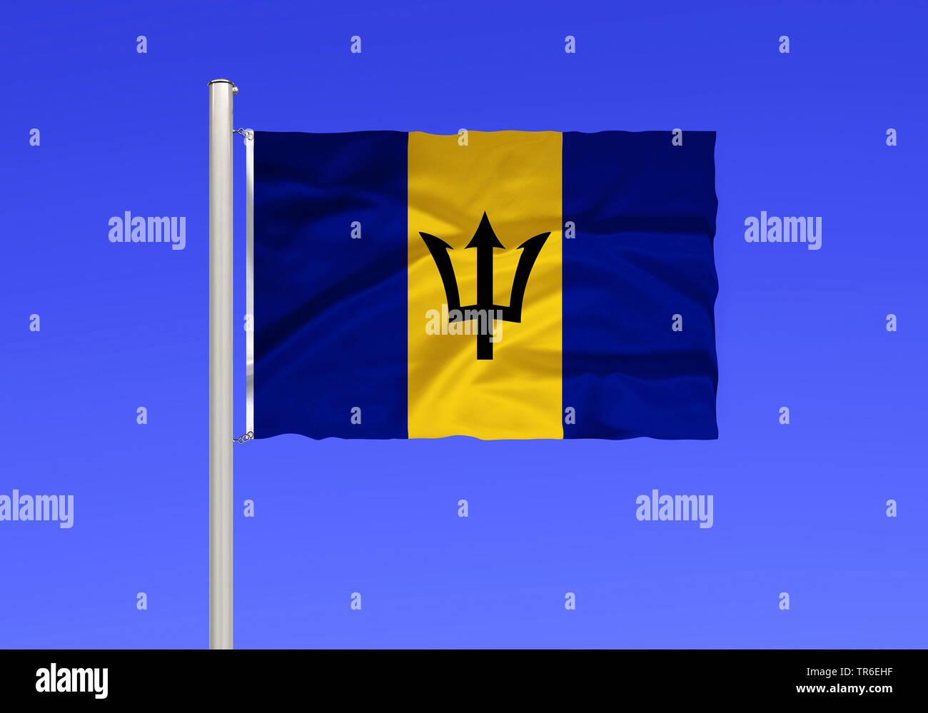 flag of Barbados against blue sky, Barbados Stock Photo Alamy