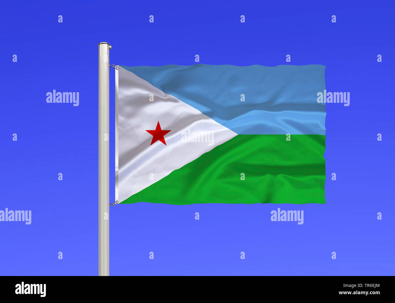 flag of Dschibuti against blue sky, Djibouti Stock Photo