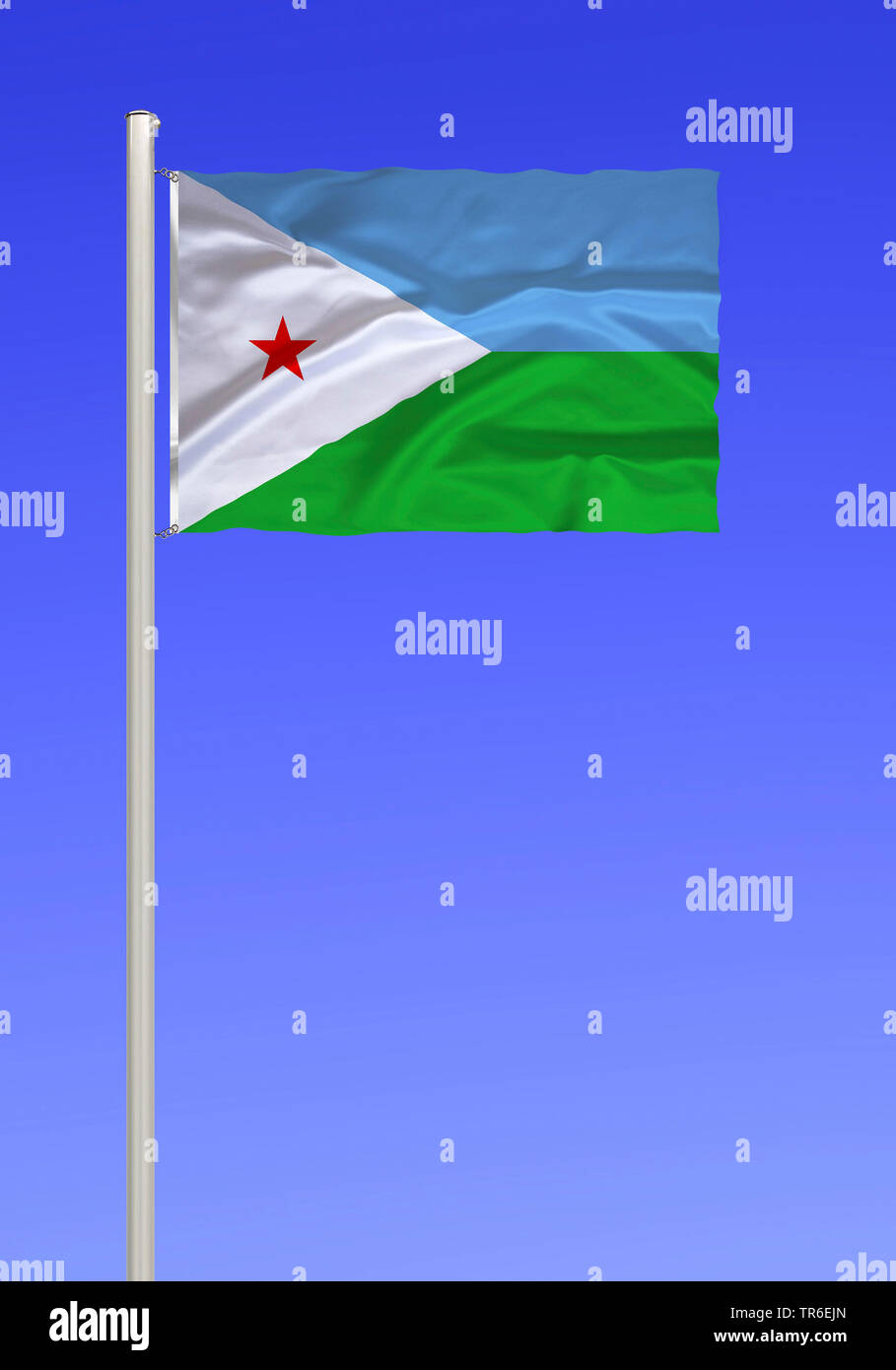 flag of Dschibuti against blue sky, Djibouti Stock Photo