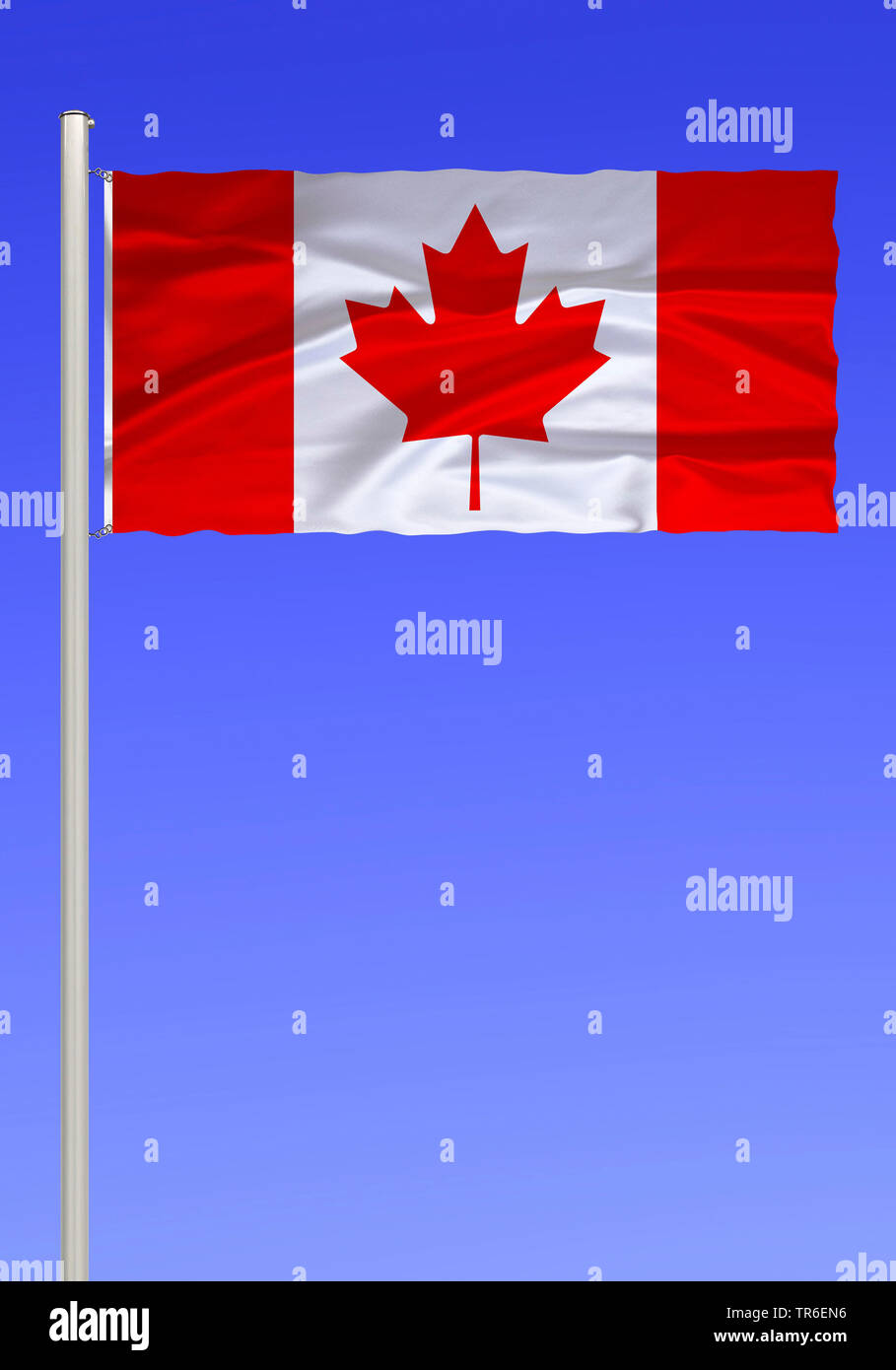 flag of Canada against blue sky, Canada Stock Photo