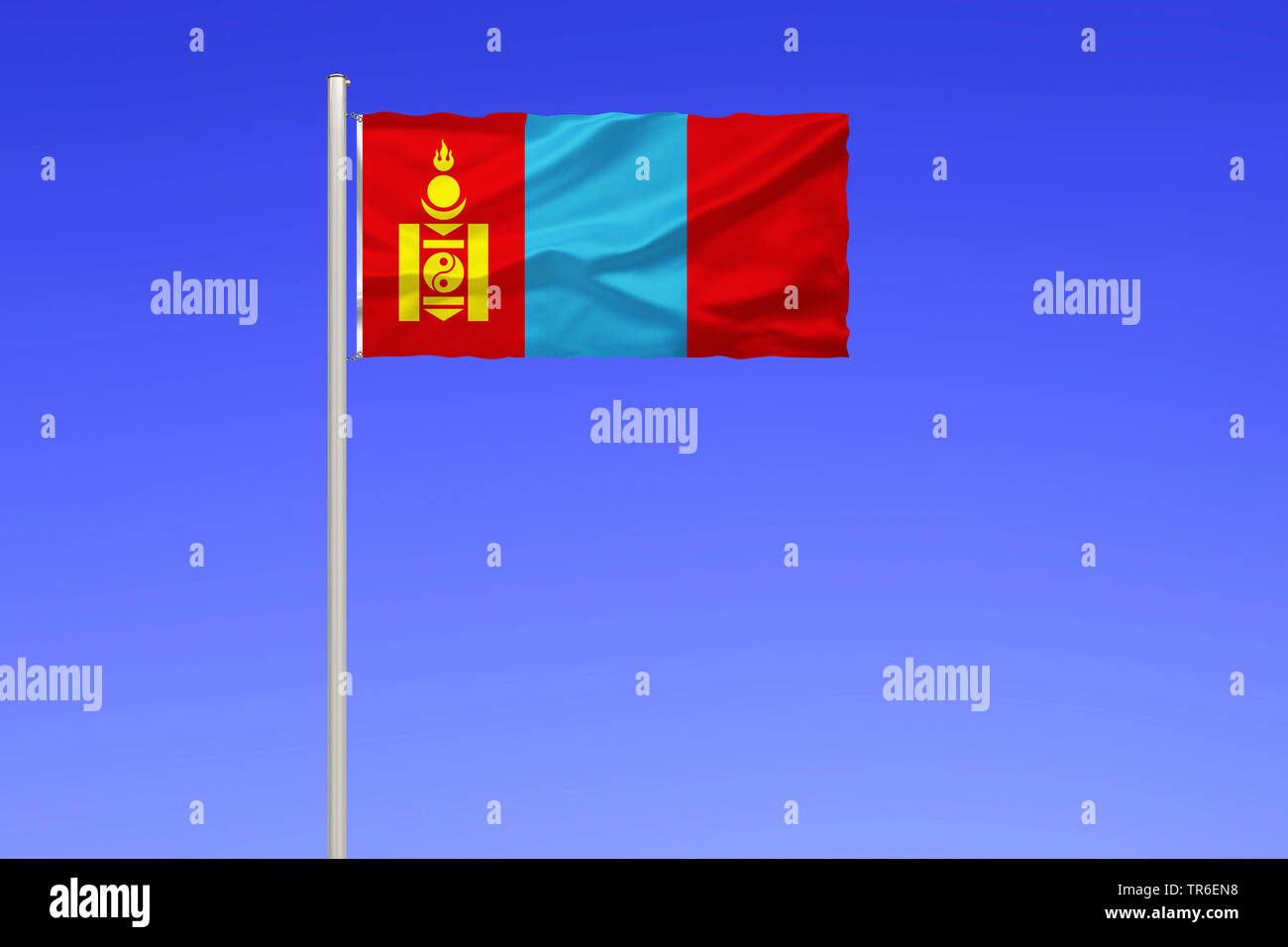 flag of Mongolei against blue sky, Mongolia Stock Photo