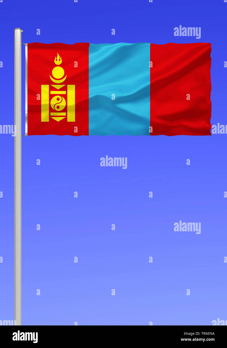 flag of Mongolei against blue sky, Mongolia Stock Photo