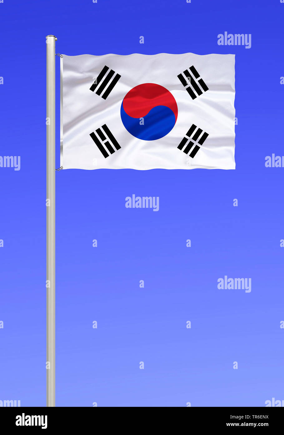 flag of South Korea against blue sky, South Korea Stock Photo