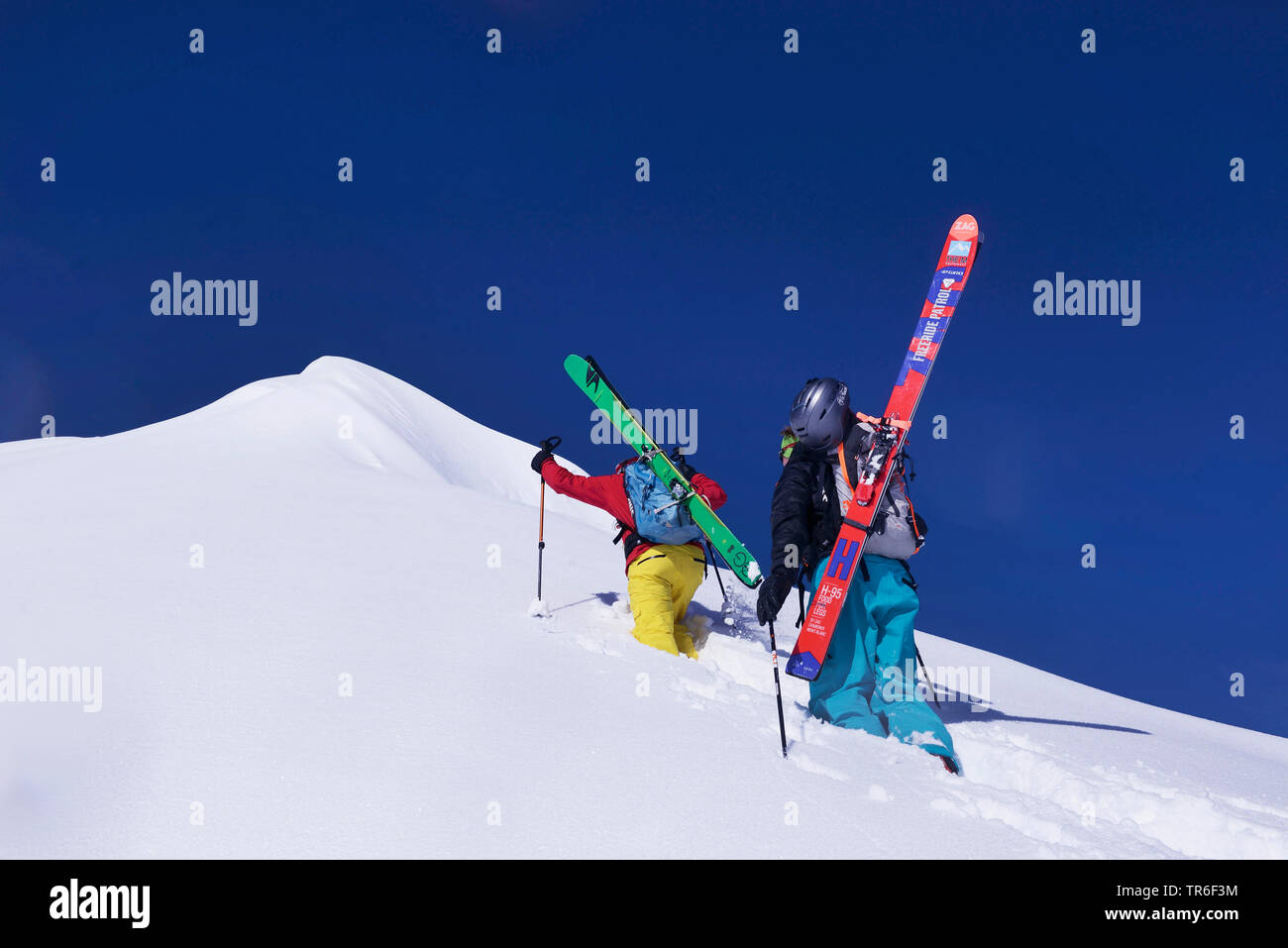 skiers walking through powder snow on the way to the mountain top, France, Savoie, Sainte Foy Tarentaise Stock Photo