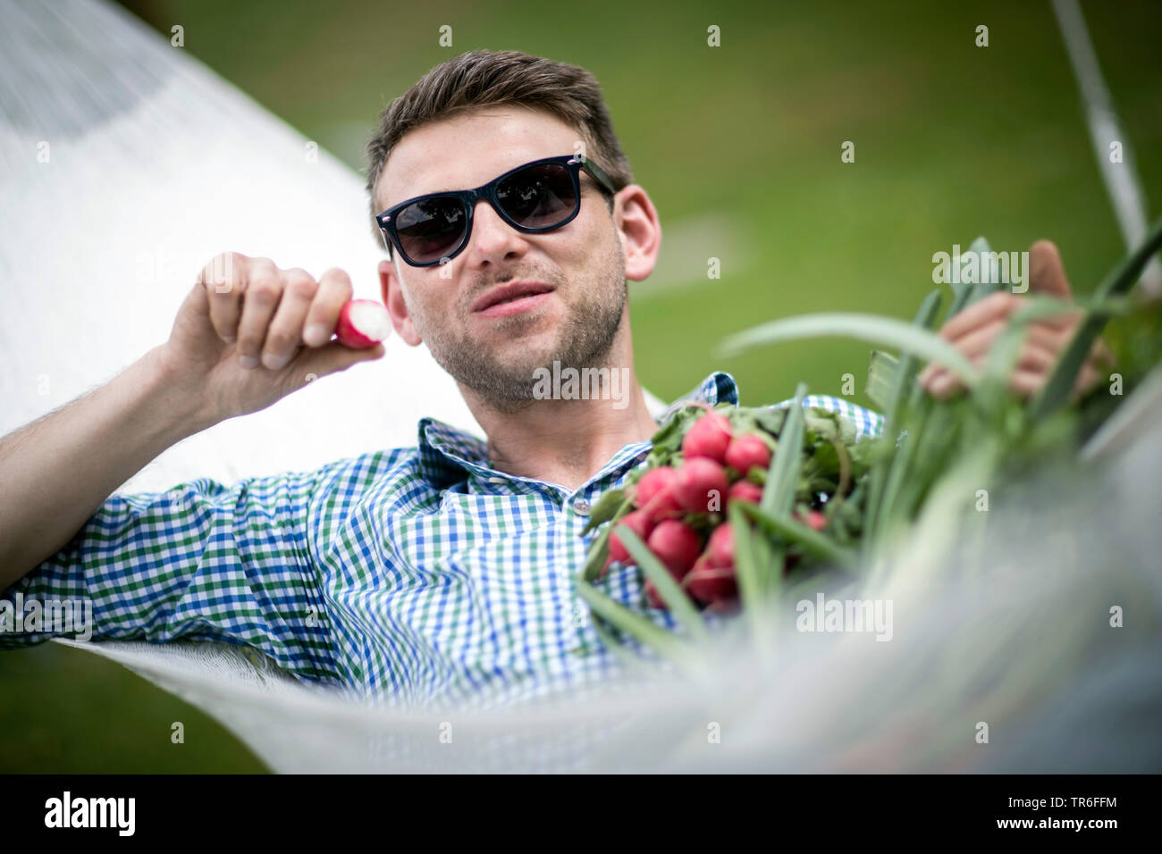 man lying in a hammock and biting in a fresh radish, Germany Stock Photo