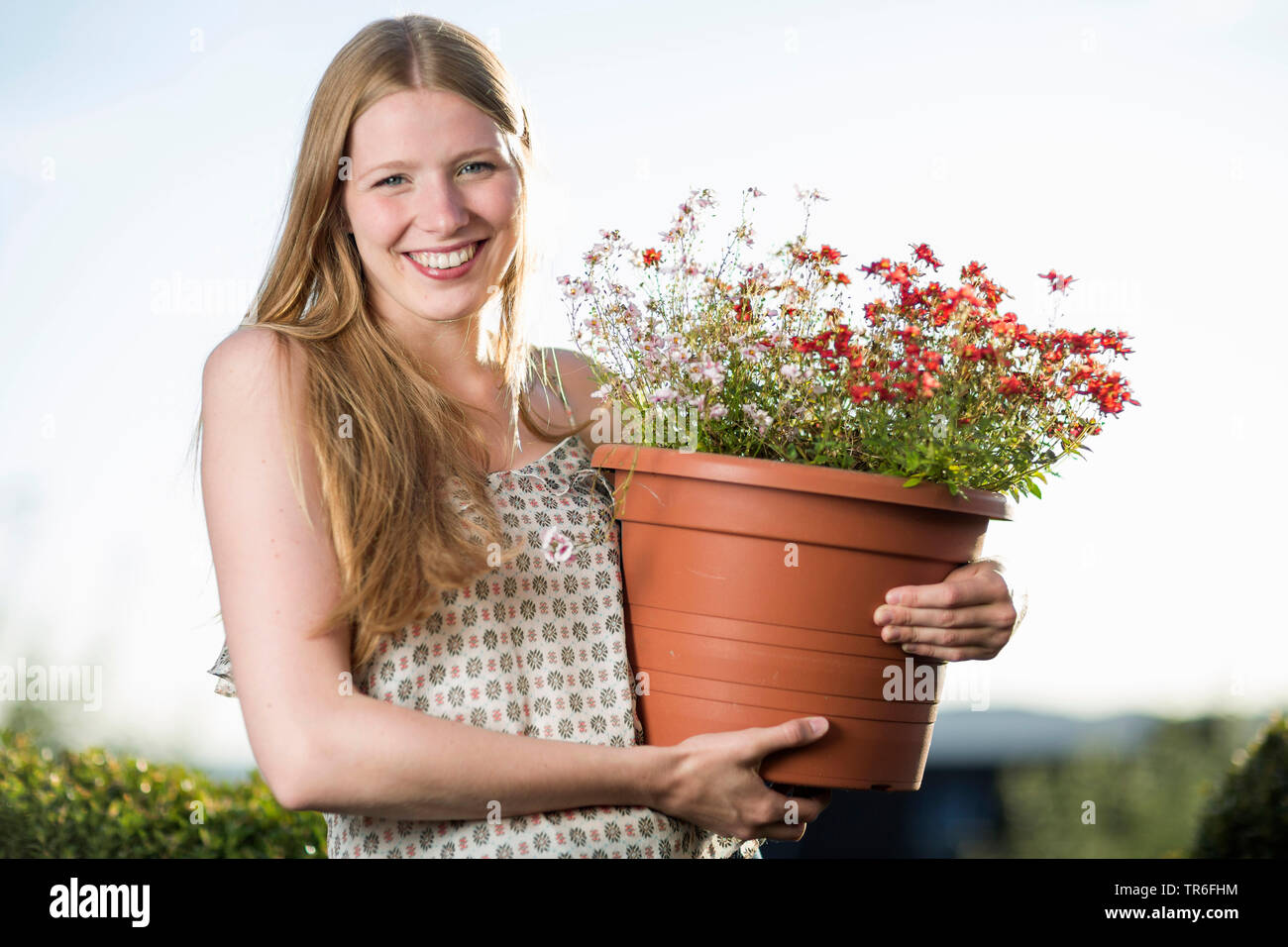 young blond woman with a pot plant in arm, Germany Stock Photo