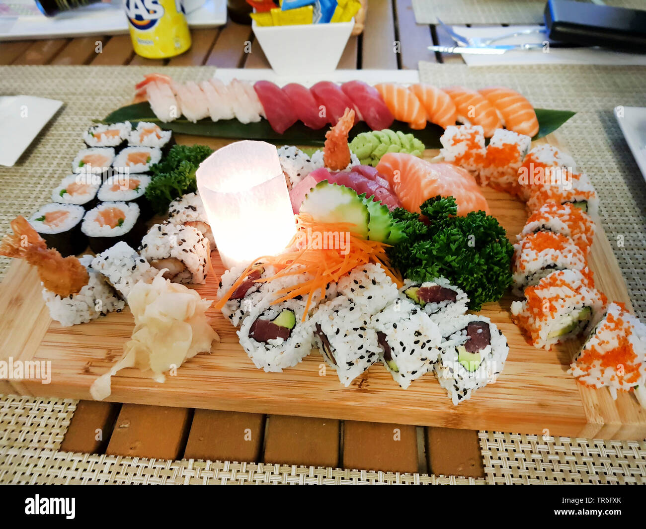 Sushi with Sashima in a restaurant Stock Photo