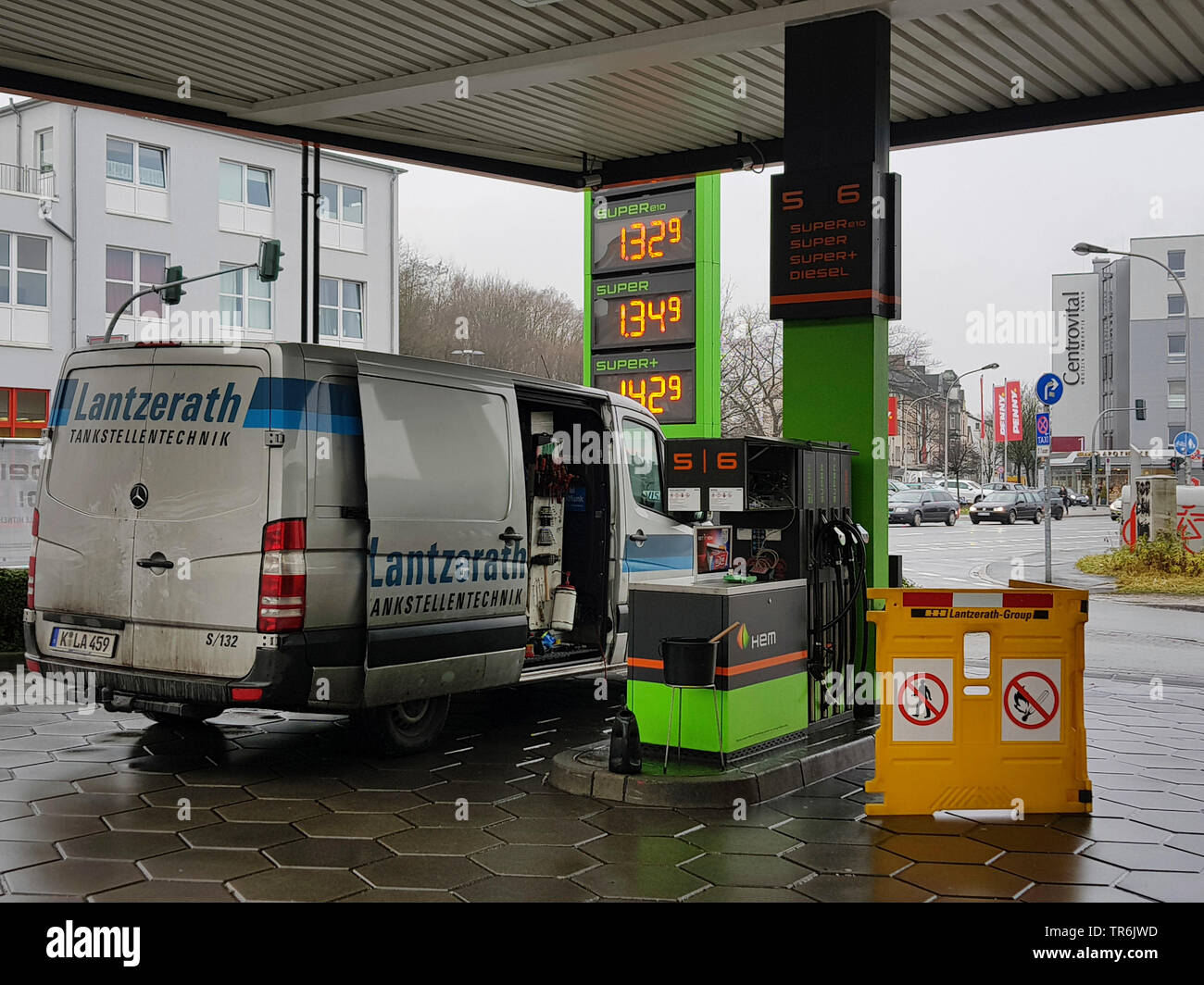 damaged petrol-pump in a gas station is repaired, Germany Stock Photo