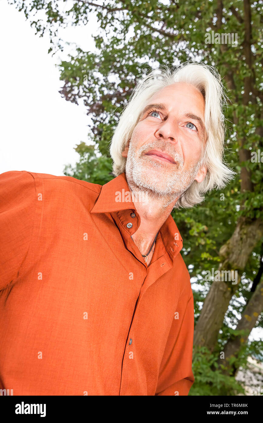 elderly man with grey long hair in nature, Germany Stock Photo