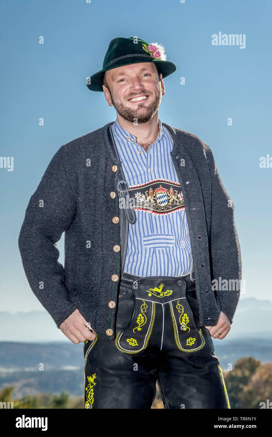 traditional clothed Bavarian man with Tyrolean hat, Germany, Bavaria Stock Photo