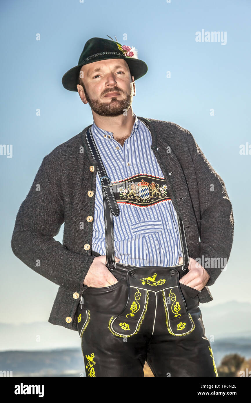 traditional clothed Bavarian man with Tyrolean hat, Germany, Bavaria