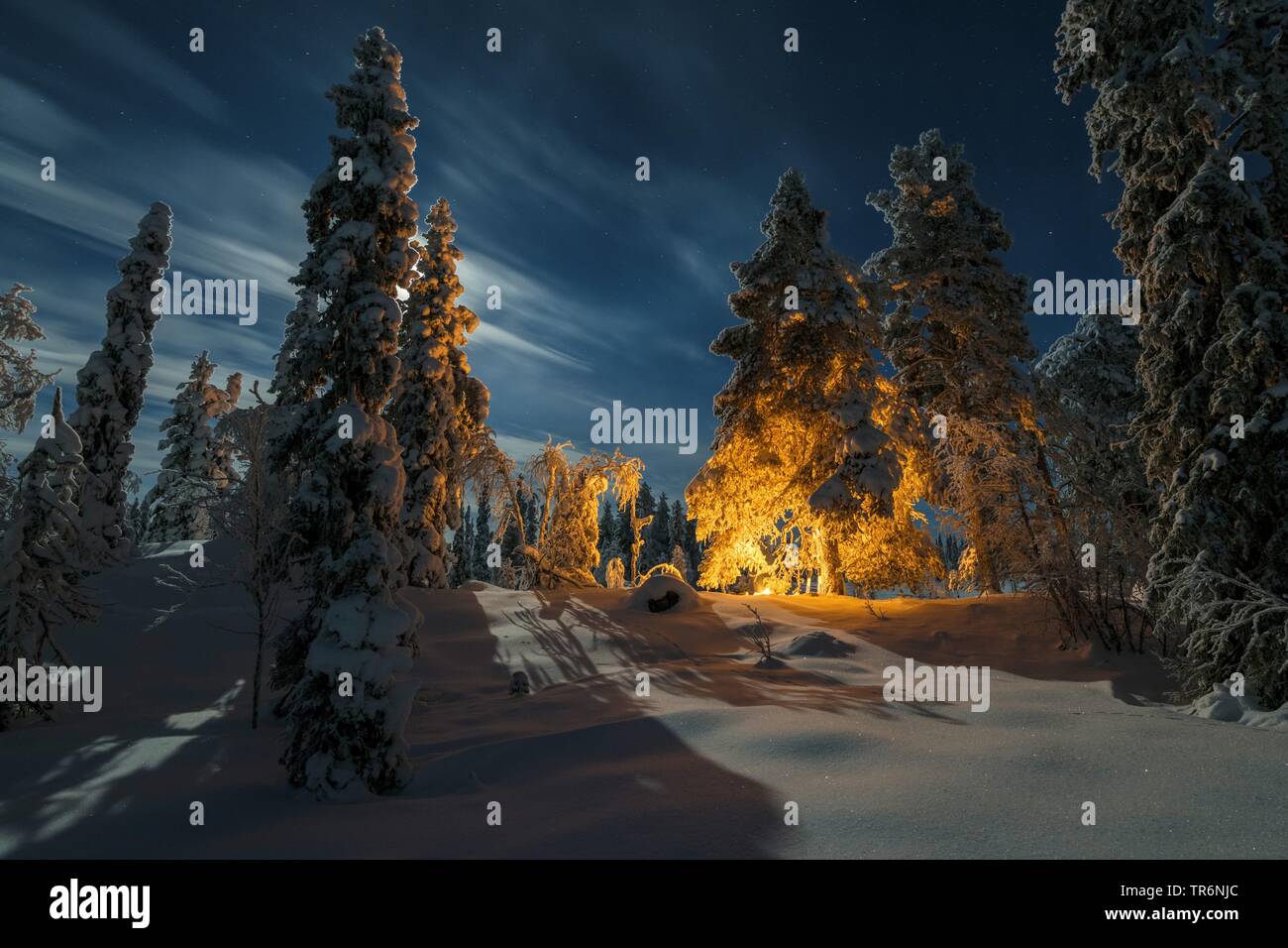 fireplace in snow landscape in Lapland, Sweden, Norrbotten, Muddsus Nationalaprk, Lapland Stock Photo