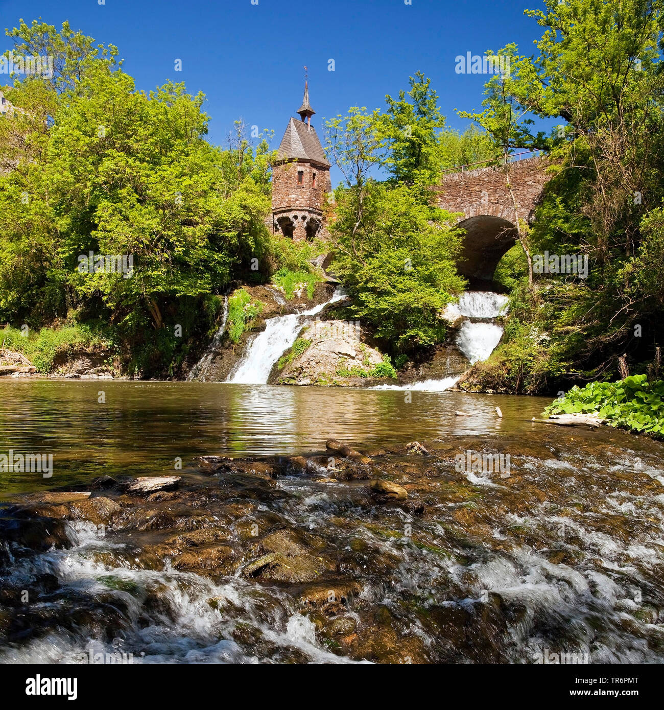 chapel at the waterfall of the river Elzbach, Germany, Rhineland-Palatinate, Eifel, Roes Stock Photo