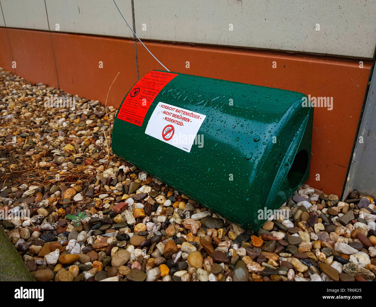 rat bait box, caution, do not touch, rodenticide, Germany Stock Photo