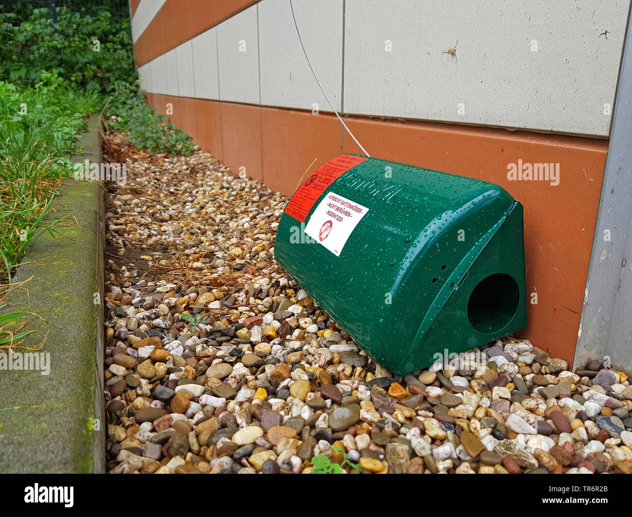 rat bait box, caution, do not touch, rodenticide, Germany Stock Photo