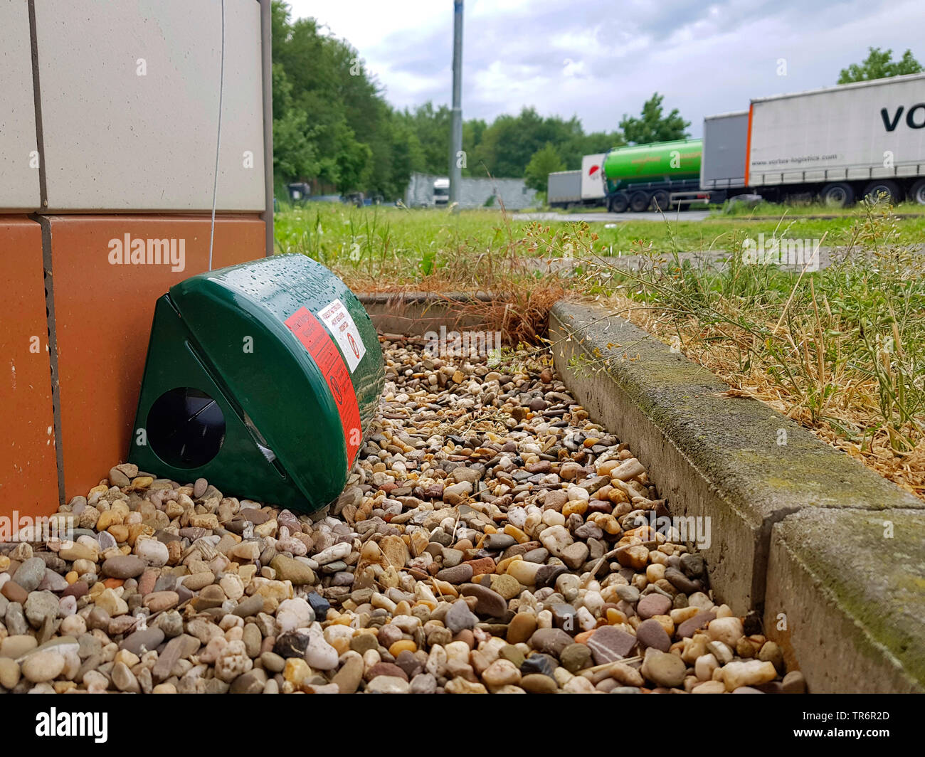 rat bait box, caution, do not touch, rodenticide, Germany Stock Photo