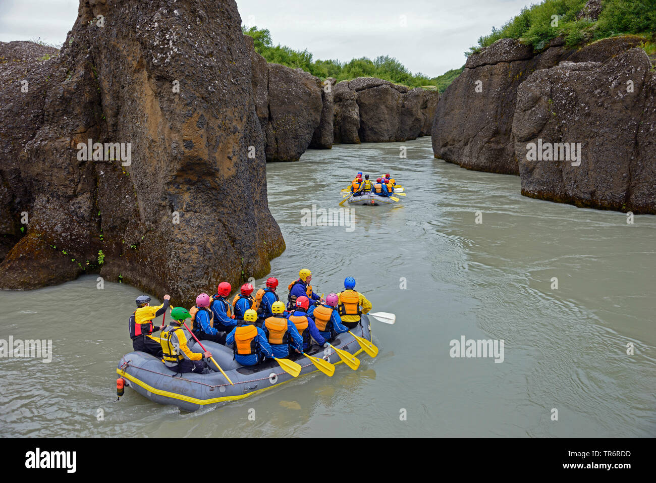 rafting in the canyon of Bruarhlod, river Hvita, Iceland Stock Photo