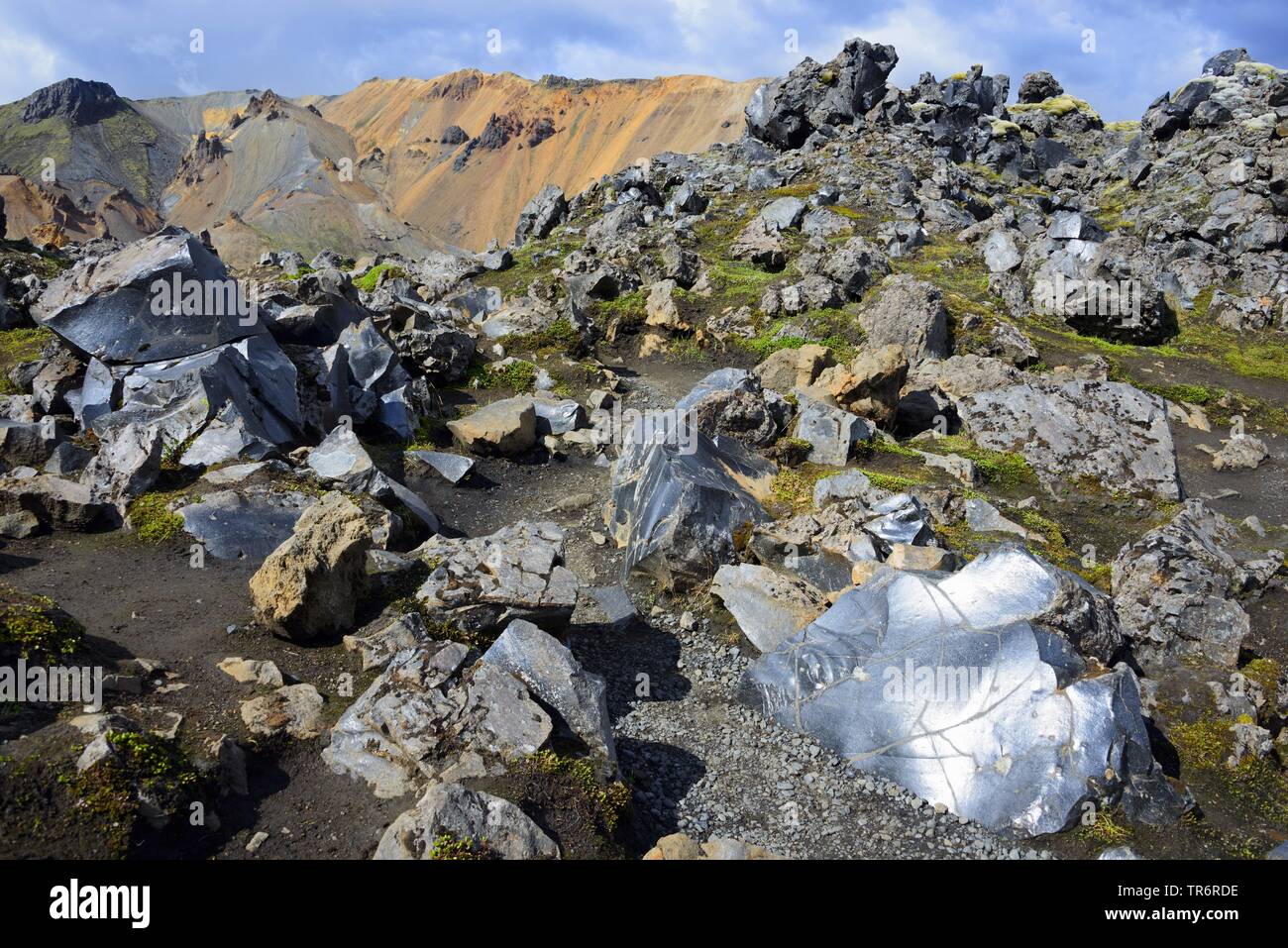 lava glass, Obsidian, Laugahraun, Iceland, Landmannalaugar, Fjallabak National Park Stock Photo
