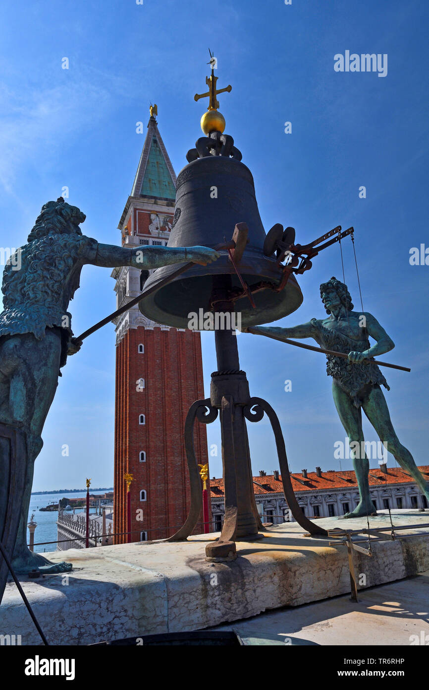 St Mark's Clocktower, Moors figures striking bell, St Mark's Square, Italy, Venice Stock Photo