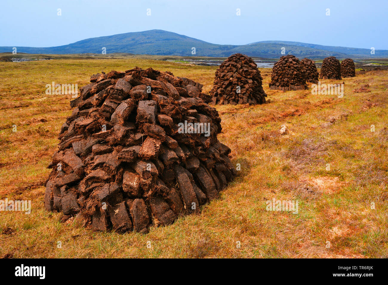 peat stacks, United Kingdom, Scotland, North Uist, Cheese Bay Stock Photo