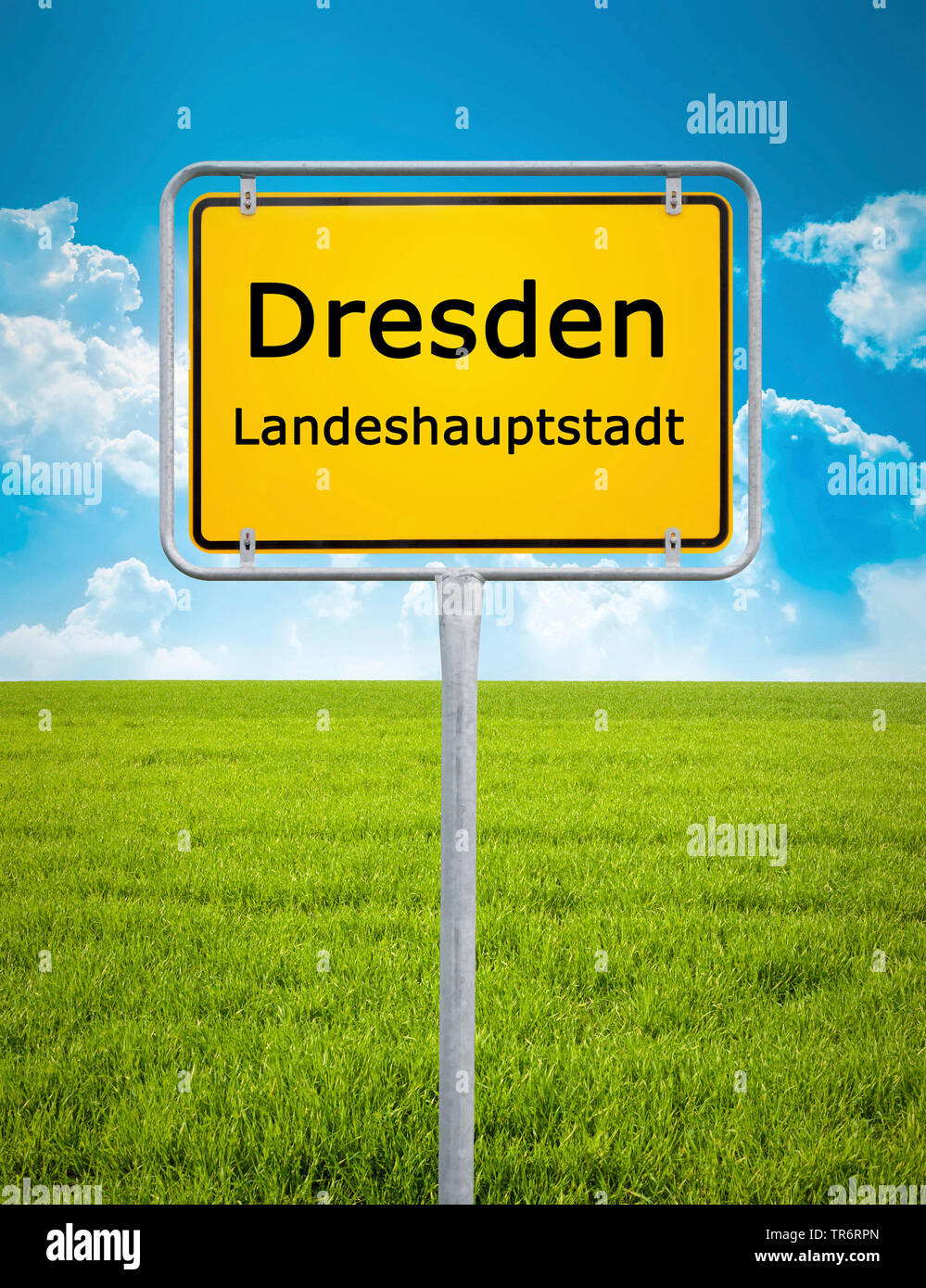 town sign of Dresden, Landeshauptstadt, in front of a green meadow, Germany, Saxony, Dresden Stock Photo