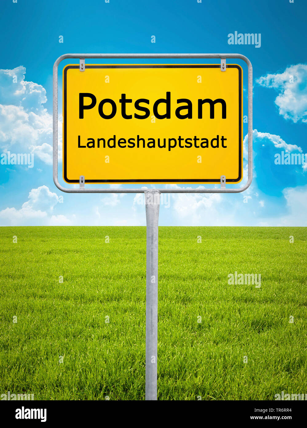town sign of Potsdam, Landeshauptstadt, in front of a green meadow, Germany, Brandenburg, Potsdam Stock Photo