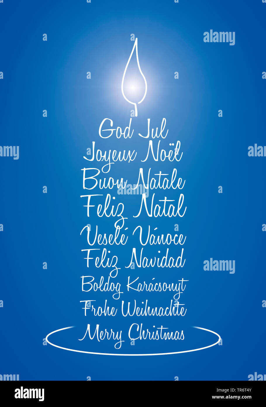 merry christmas card with greetings in different languages in candle shape, computer graphik Stock Photo