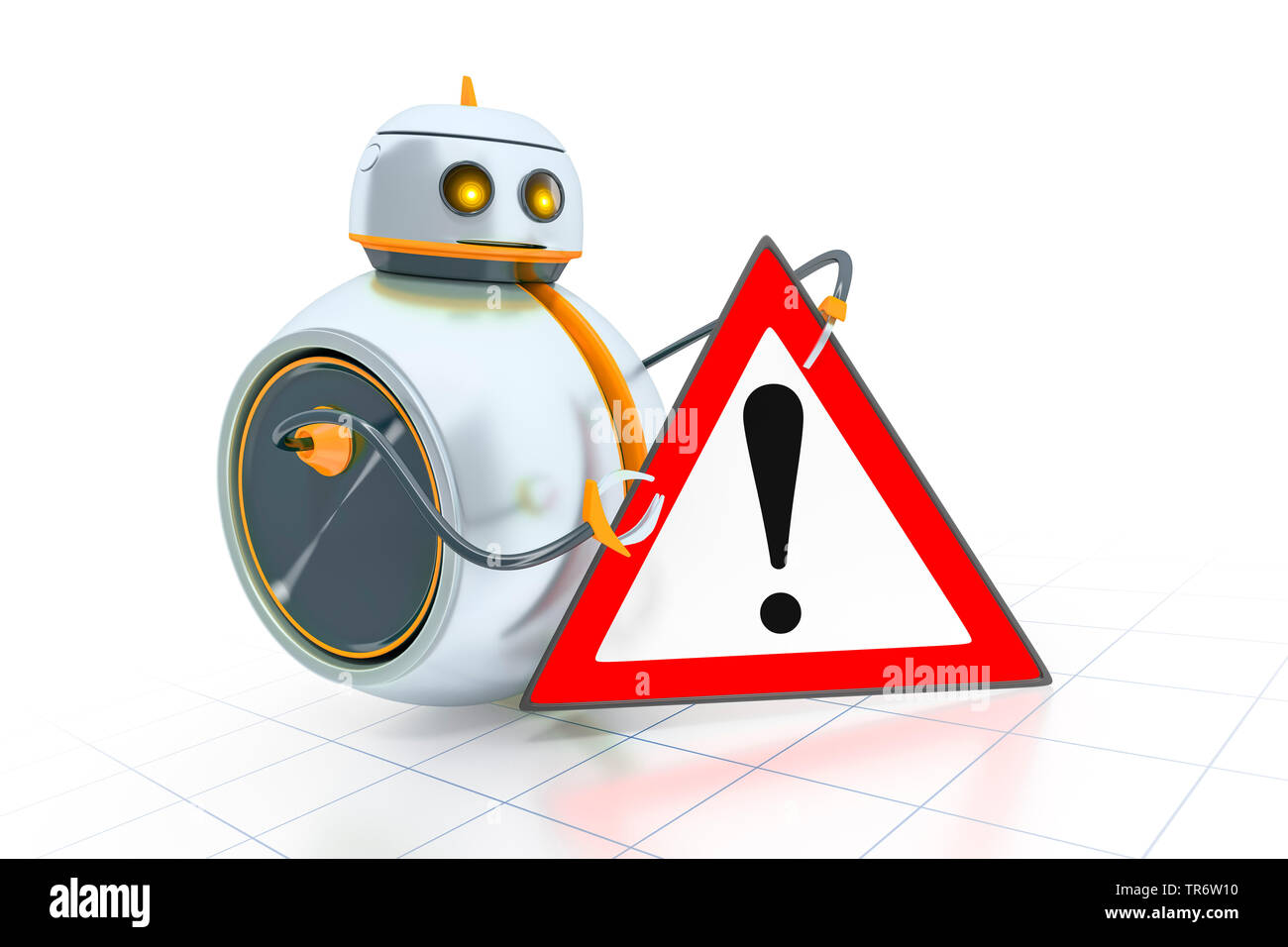 Round robot holding traffic sign in his arms showing exclamation mark ...