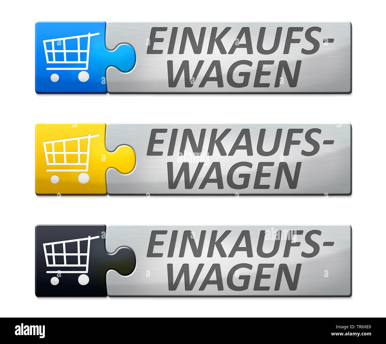 3D computer graphic, three symbolised buttons reading EINKAUFSWAGEN (shopping cart) Stock Photo