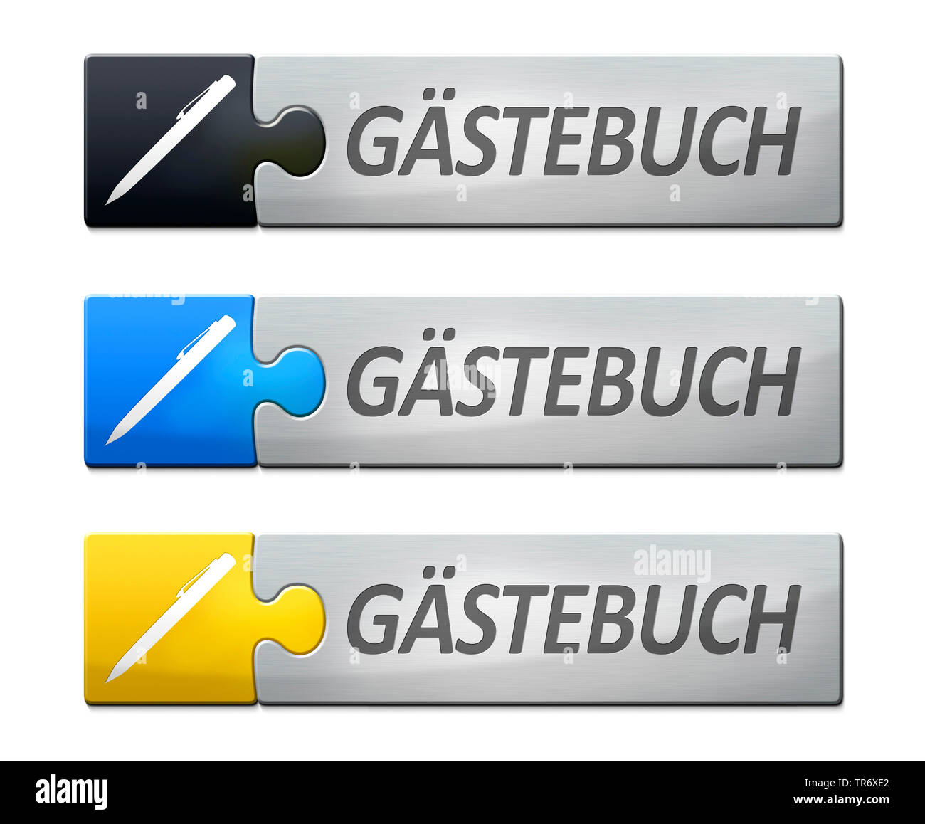 3D computer graphic, three symbolised buttons reading GAESTEBUCH (guest book Stock Photo Alamy