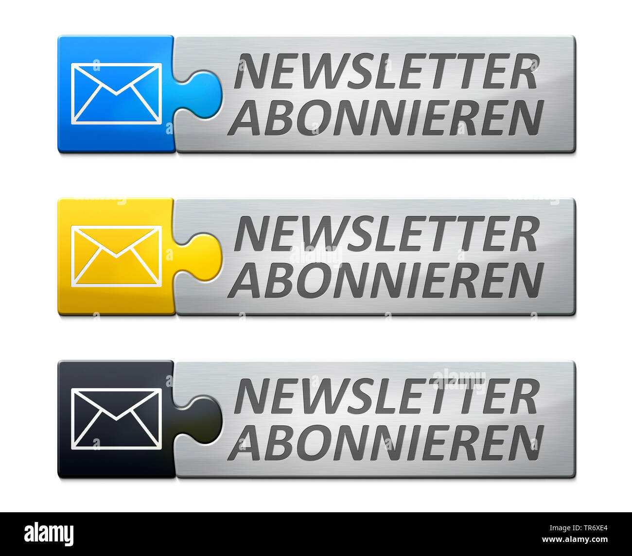 3d Computer Graphic Three Symbolised Buttons Reading Newsletter Abonnieren Subscribe Stock Photo Alamy