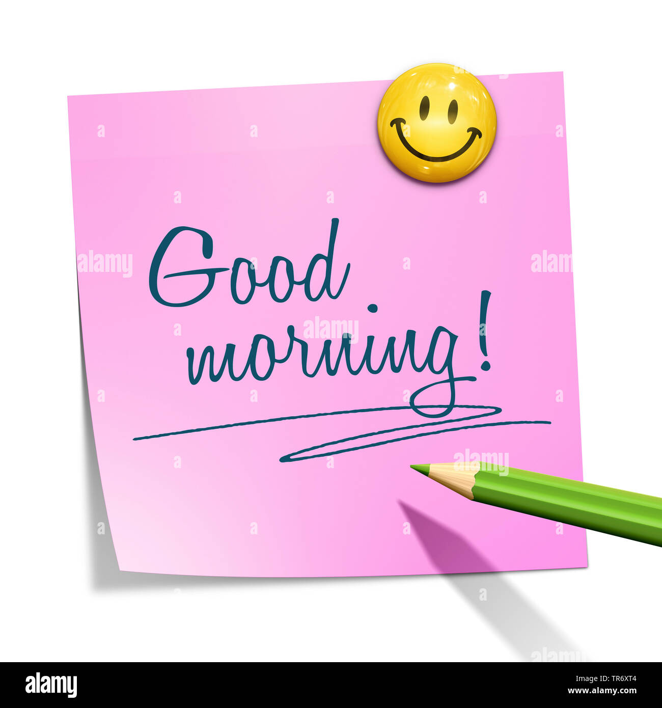 3D computer graphic, memo in pink color with smiley reading GOOD MORNING! Stock Photo