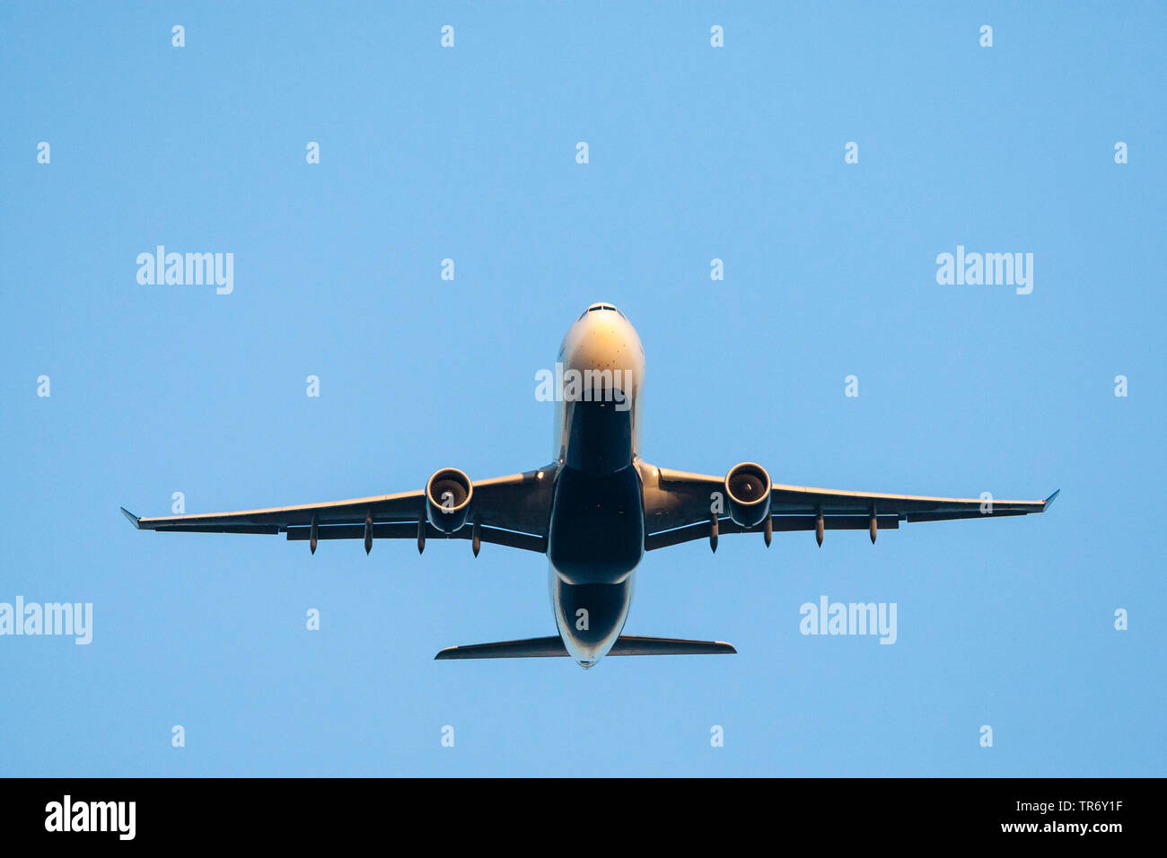 Airplane flying in cloudless sky, Netherlands, Northern Netherlands Stock Photo
