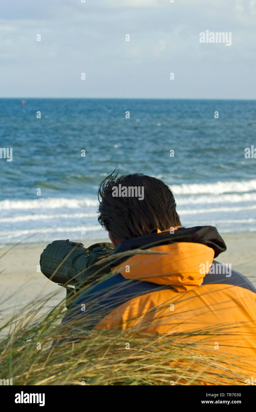 Birdwatcher at the North Sea, Netherlands, Vlieland Stock Photo