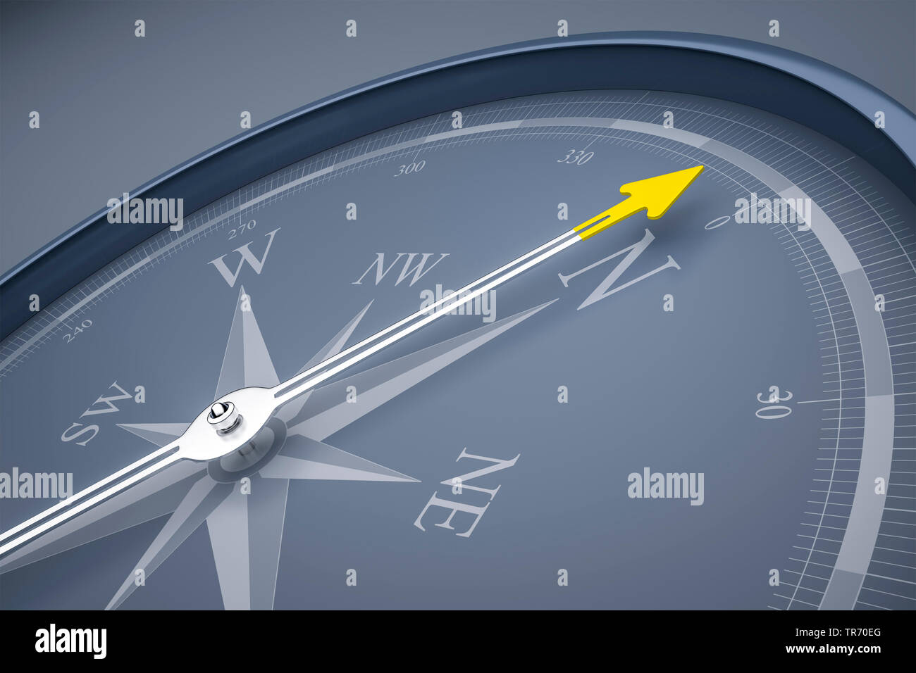 3D computer graphic, compass in grey color without text pointing north Stock Photo