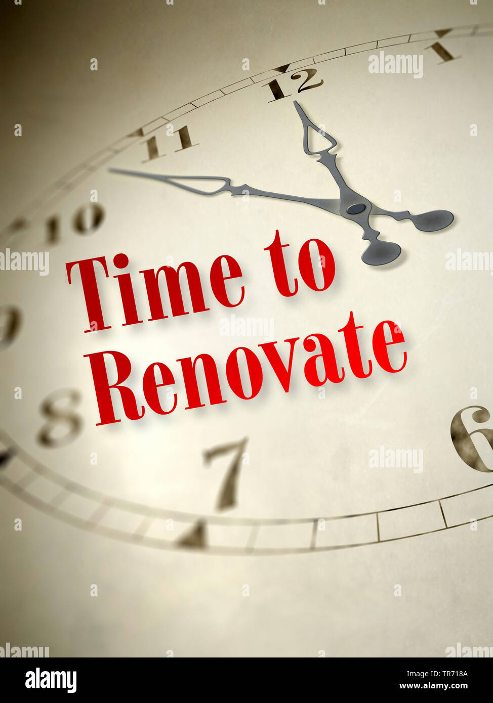 3D computer graphic, clock with clock hands 5 minutes to midgnight lettering TIME TO RENOVATE Stock Photo