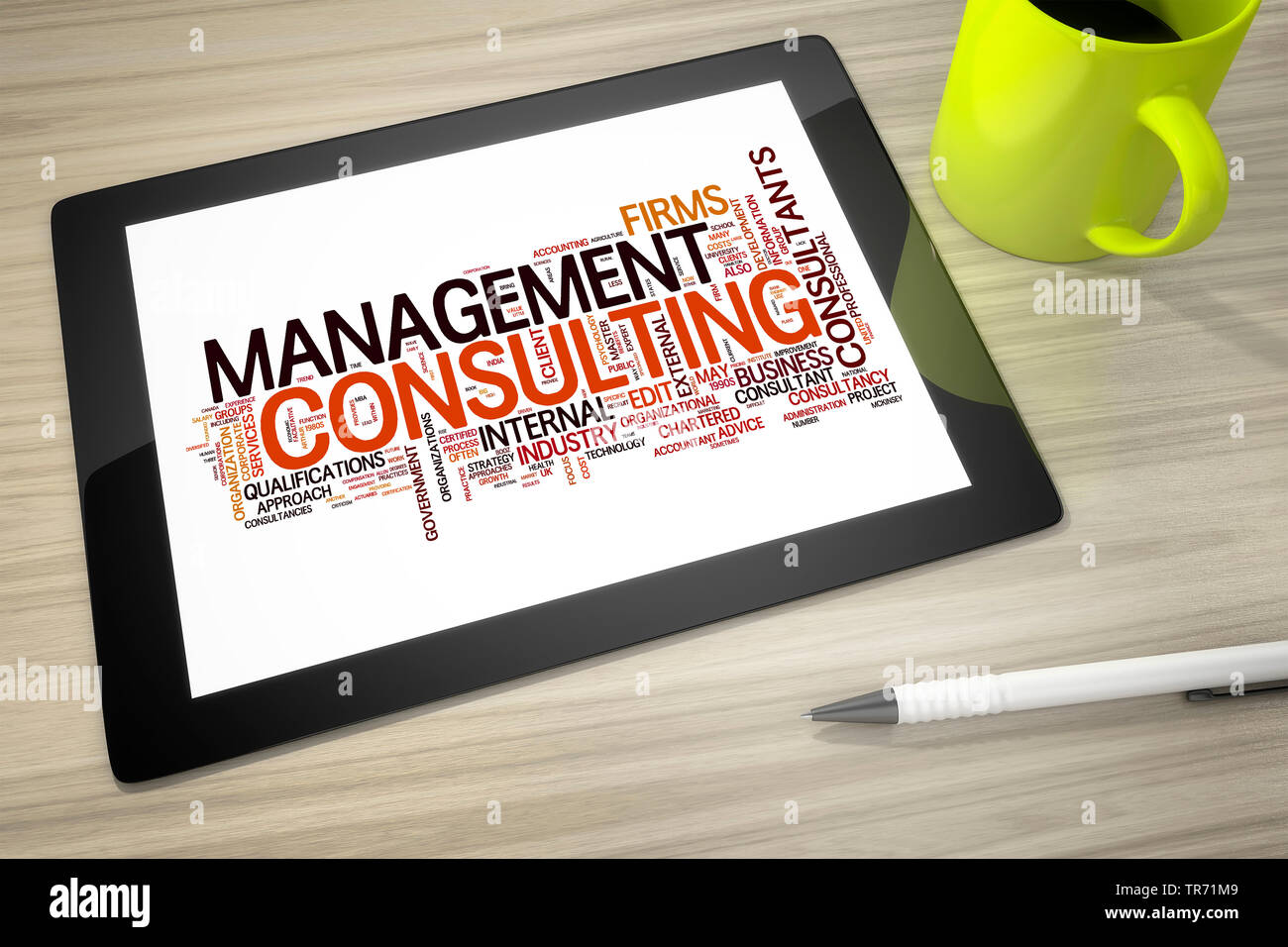 3D computer graphic, tablet computer lettering text MANAGEMENT CONSULTING on the display Stock Photo