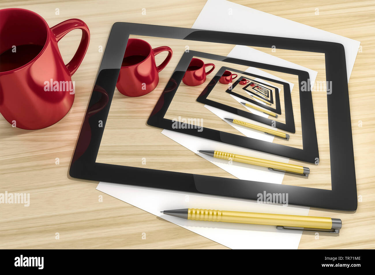 3D computer graphic, tablet computer showing multiple mirroring on the display Stock Photo